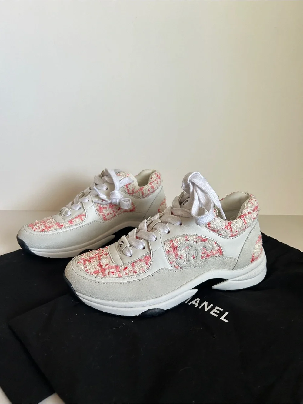 CHANEL White & Pink Tweed Runner Sneakers - Women's Luxe Trainers